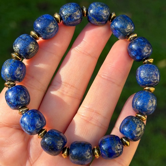 Jewelry - 12mm stretchable‎ stainless steel lapis lazuli barrel bracelet 0770